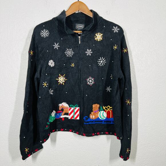 Vintage Christmas Sweater Designers Orig Full Zip Cardigan Black Silver - L - Picture 2 of 6